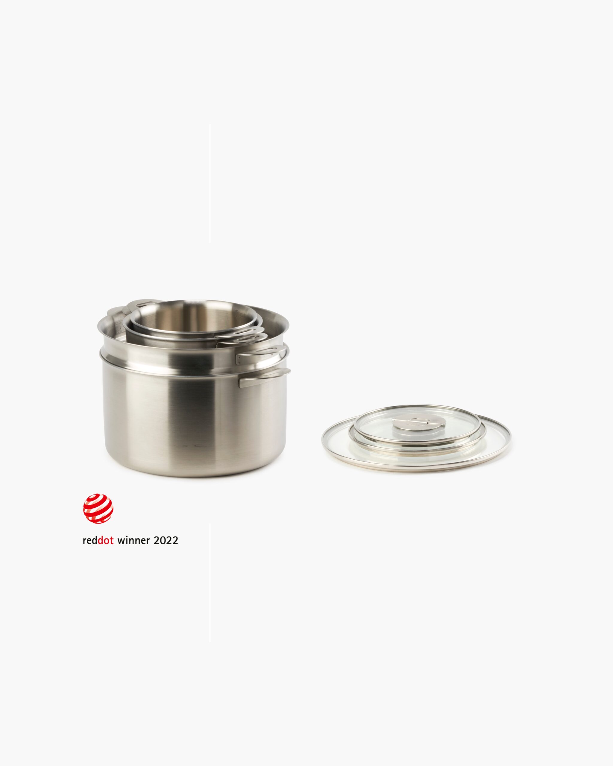 Shop ENSEMBL Stainless Steel Fully Clad Stacking Cookware Set with removable handles. Small Saucepan, Medium Saucepan, Stockpot, Steamer/Colander. Multifunctional, long-lasting, design-forward home wares. Best all purpose cookware set with lids. Perfect cookware set.