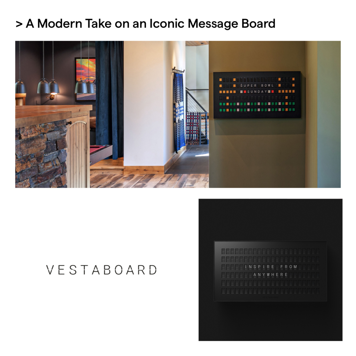 See how you can make the most of Vestaboard. Find daily inspiration in  Today's Picks, share messages with loved ones, schedule messages, set quiet  hours,, By Vestaboard