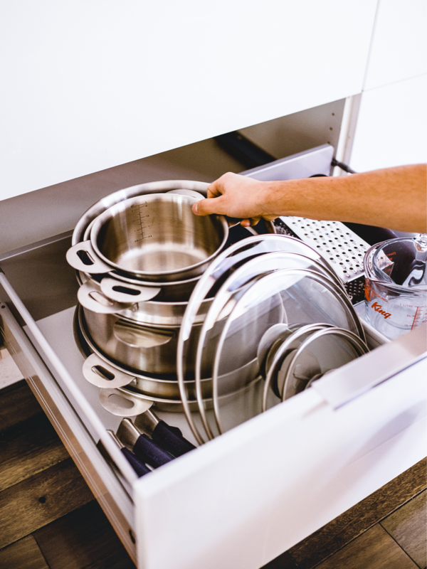 LEARN MORE about ENSEMBL Stainless Steel Fully Clad Stacking Cookware Set with removable handles. Everything you need to know about the multifunctional capabilities and different ways to maximize using you cookware set. Frying Pan, Braiser Pan, Small Saucepan, Medium Saucepan, Stockpot, Steamer/Colander. Multifunctional, long-lasting, design-forward home wares. Oven-safe cookware set. Induction-safe cookware set.