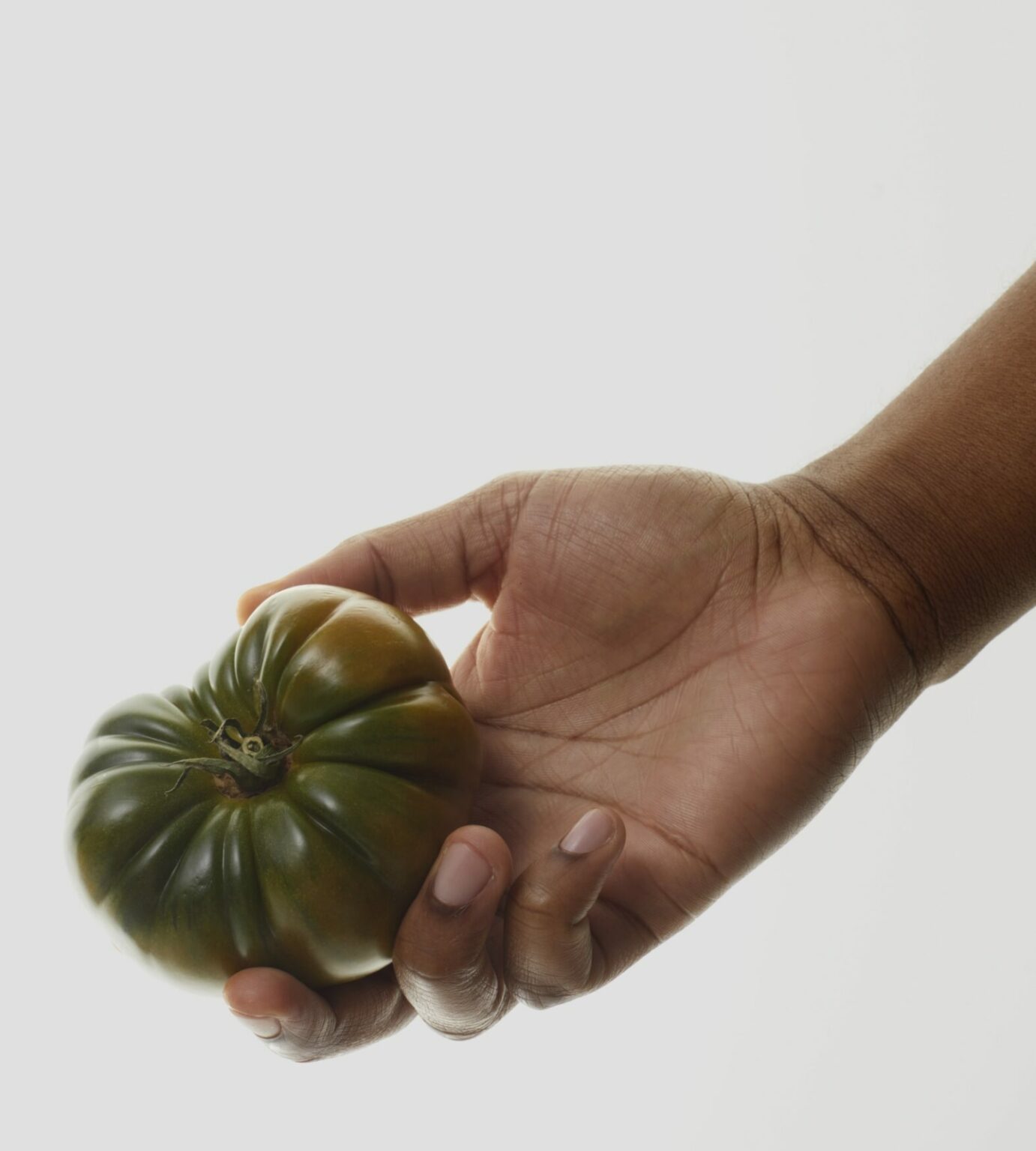Hand holding green tomato